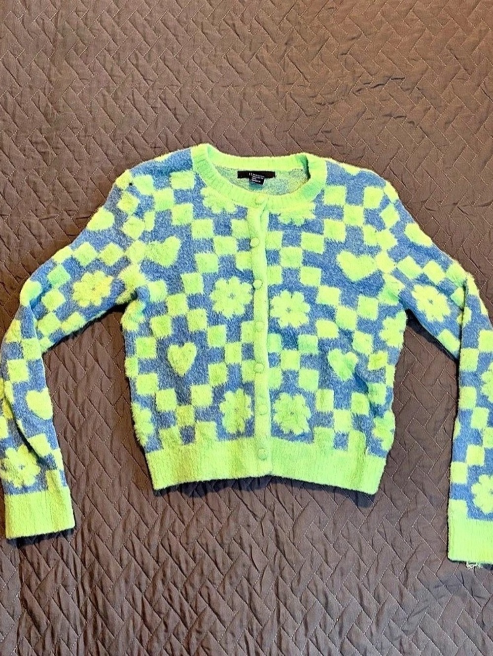 Forever 21 Fuzzy Neon Green Blue Checkerboard Heart Floral Cardigan Size Small